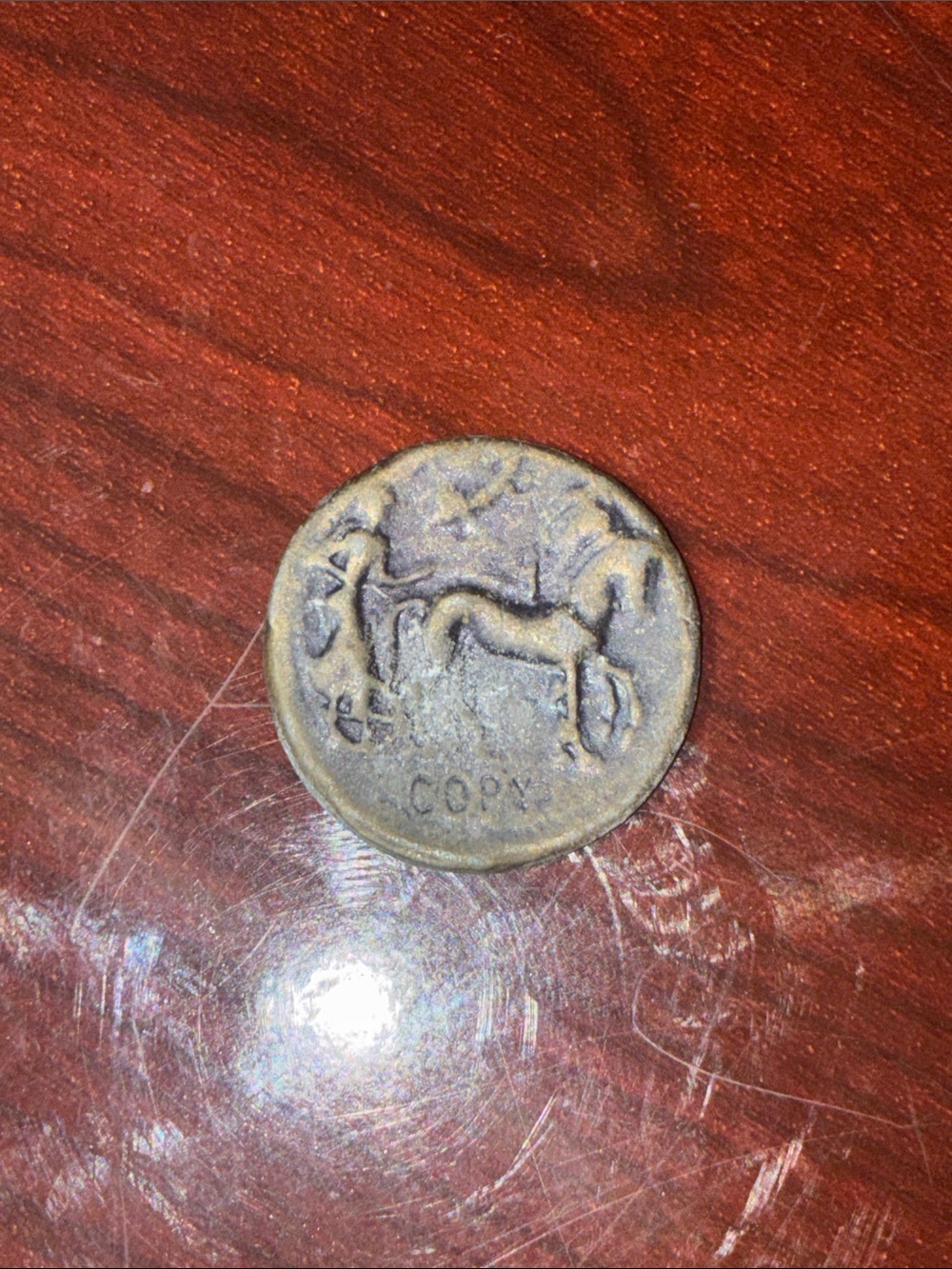 Replica Roman-Style Coin with Horse Motif - Antiqued Bronze Tone